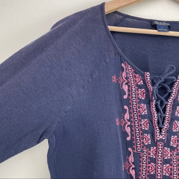 Lucky Brand Lace Up Front Embroidered Peasant Top - Picture 2 of 7